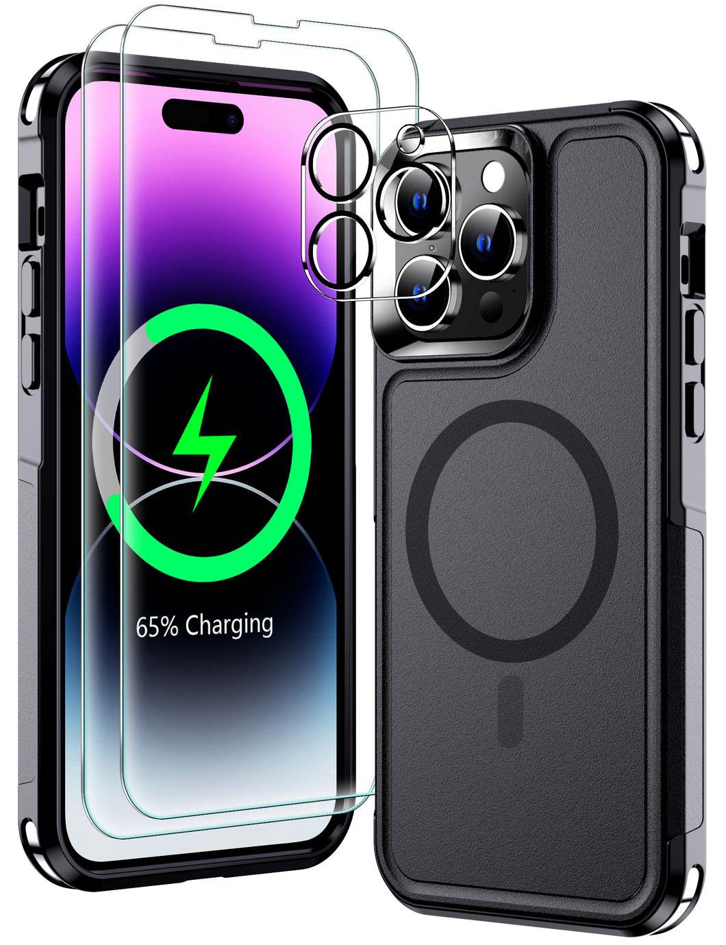 Magnetic for iPhone 14 Pro Max Phone Case [Compatible with Magsafe][Military Grade Drop Protection][Glass Screen Protector+Camera Lens Protector] Heavy Duty Shockproof Case 6.7 Inch-Black